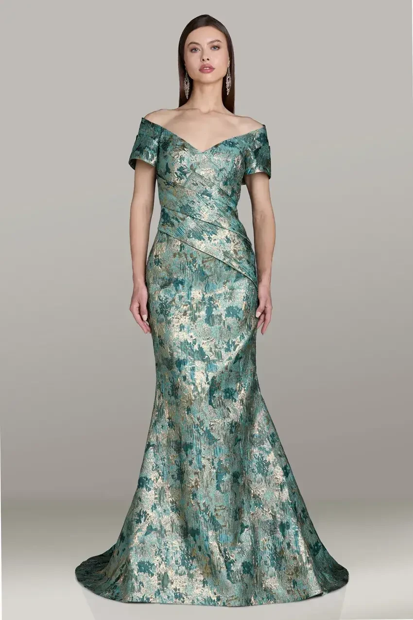 model is wearing an off the shoulder mothers dress