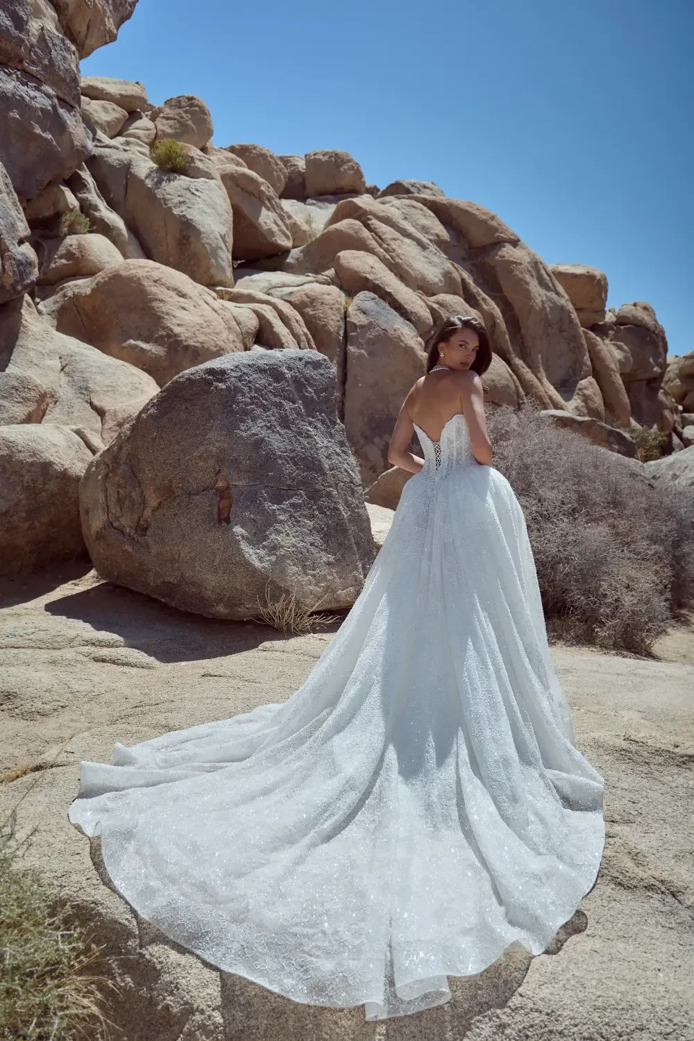model is wearing a strapless ball gown